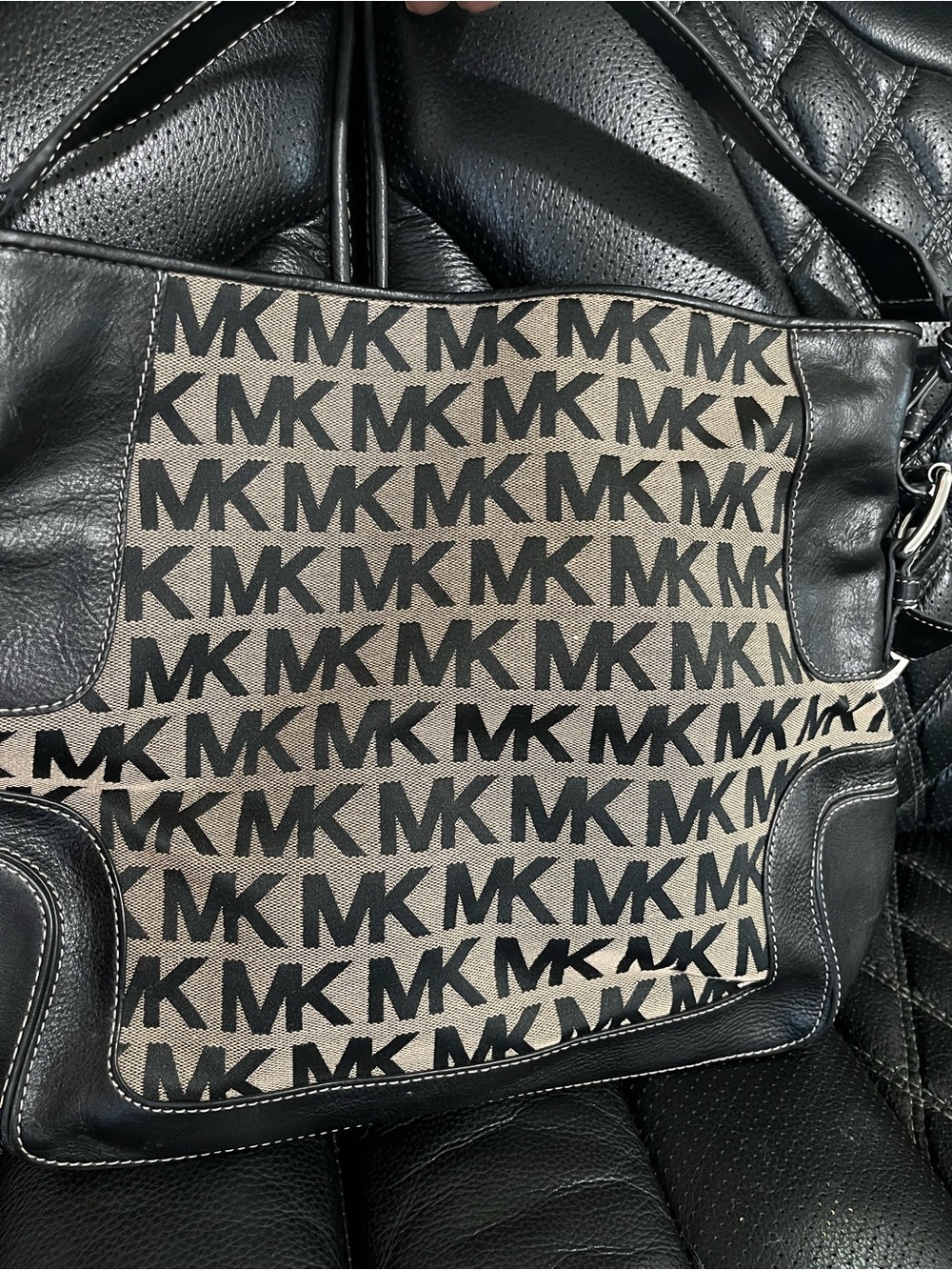 Michael Kors Black and Beige MK Logo Shoulder Tote